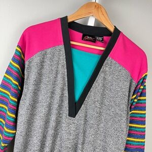 Vintage 80s 90s Lavon Sport Shirt Top Womens M Bright Stripe Color Block